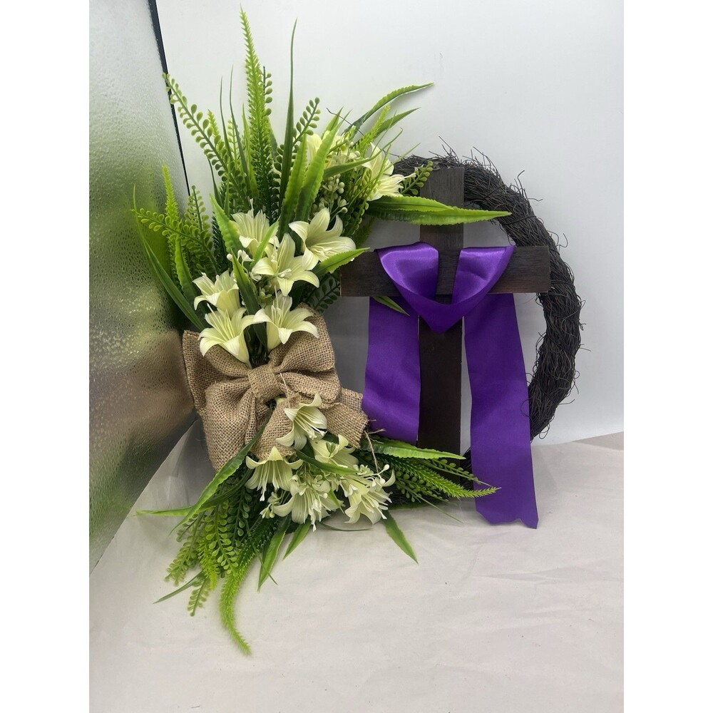 Easter Wreath Door Hanging Decoration with Cross,Bouquet Garland 12”
